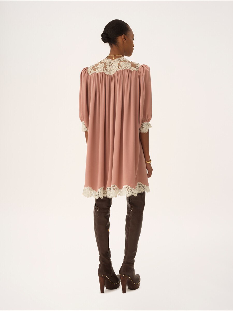 Gathered V-neck mini dress in washed silk satin & lace - 3