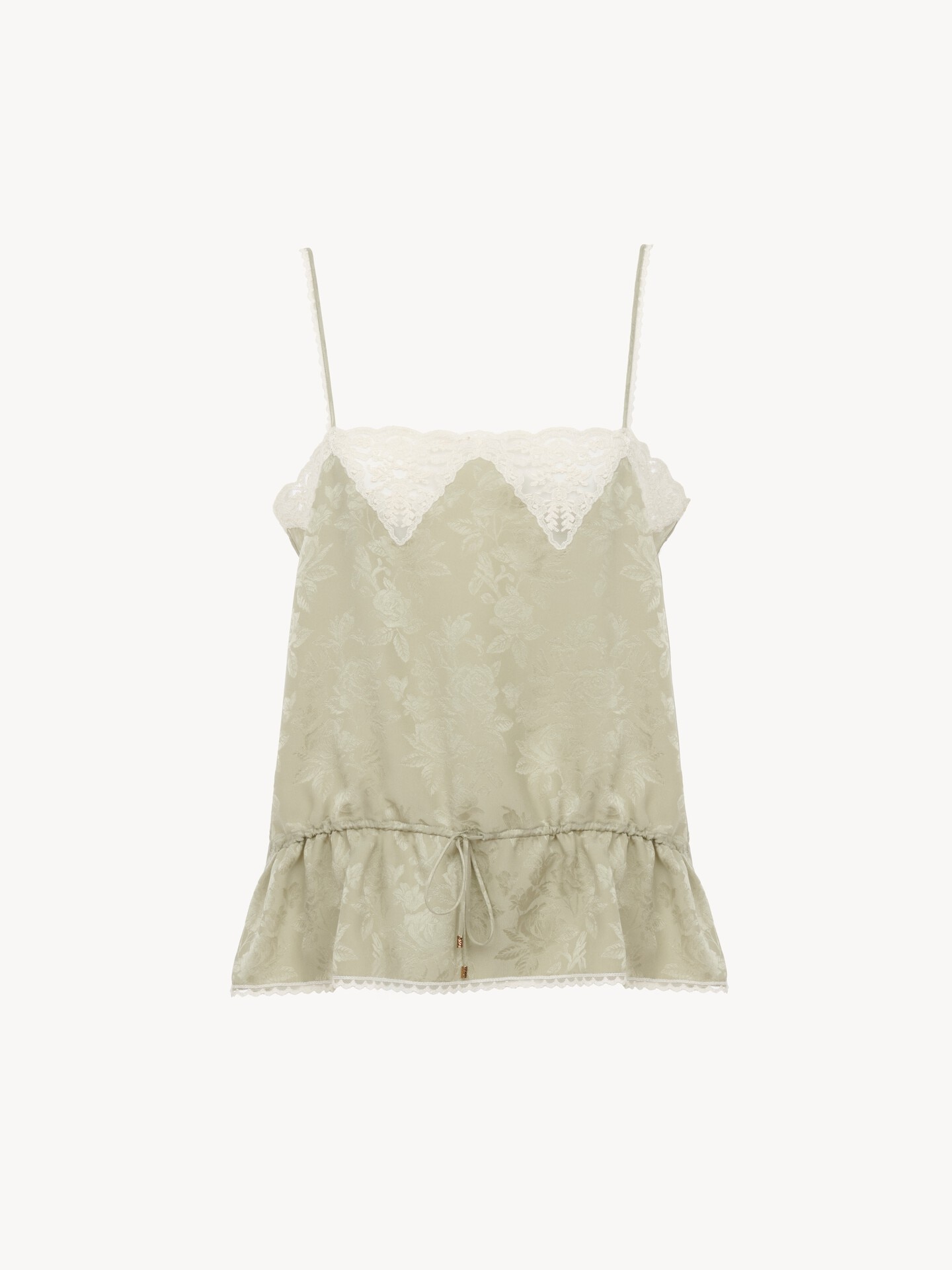 Drawstring camisole top in silk jacquard & lace Clear Green