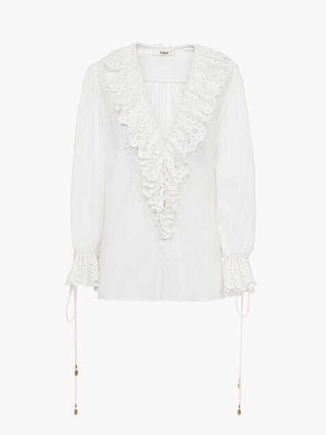 Top con cuello en V con mangas abullonadas de velo de algod&oacute;n