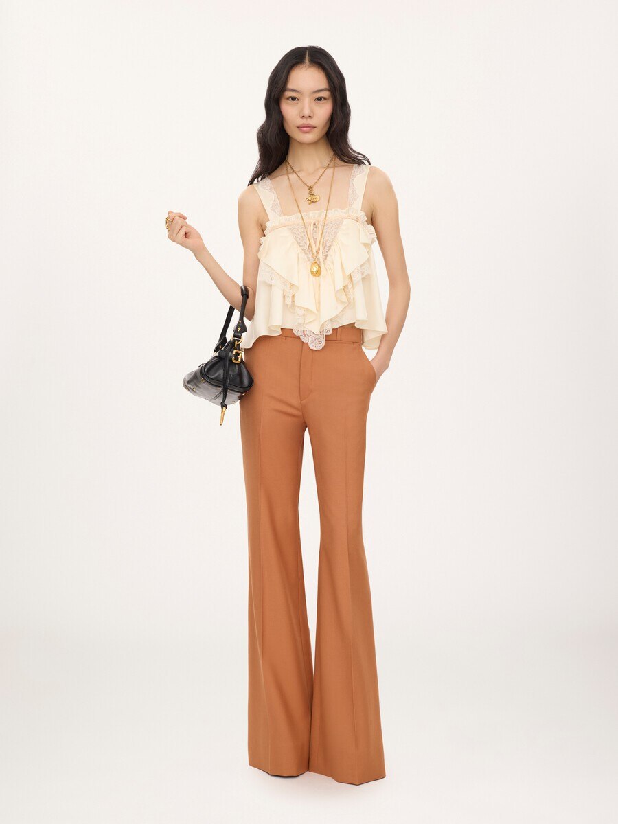 Sleeveless ruffle top in washed silk satin & lace - 3