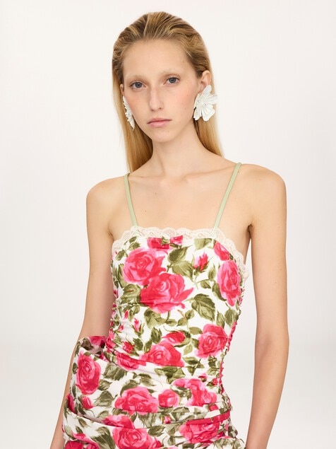 Ruched rose-print bodysuit