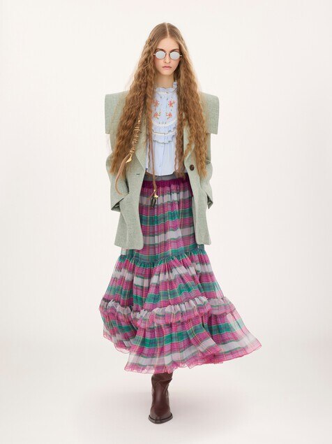 Ruffled long skirt in check silk mousseline