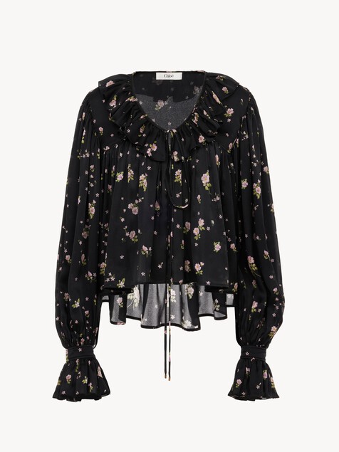 Maxi gathered ruffle top in silk charmeuse