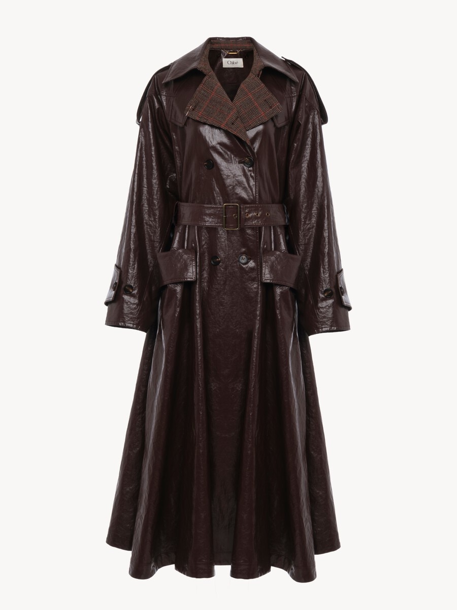 Manteau cavalier long crois&eacute; en lin enduit - 2