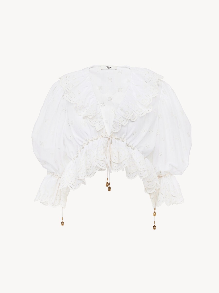 V-neck ruffle top in cotton voile - 1