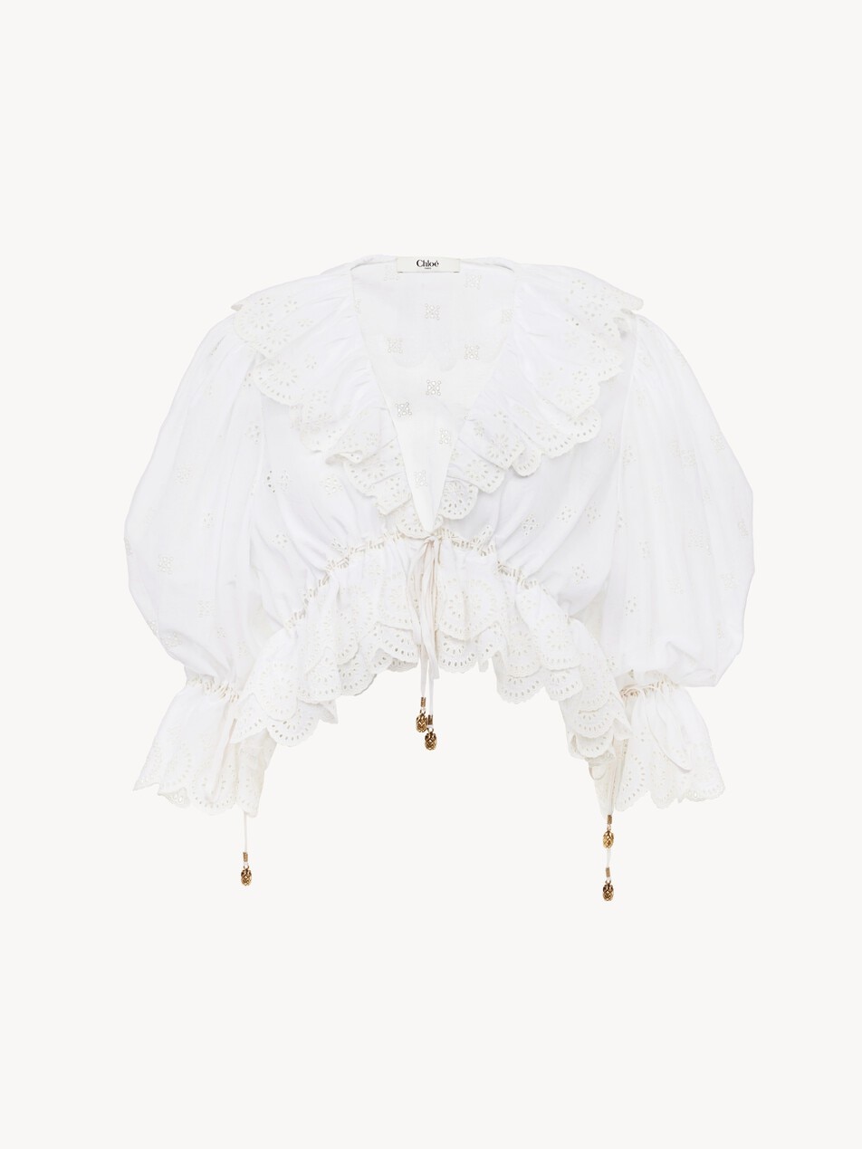 V-neck ruffle top in cotton voile
