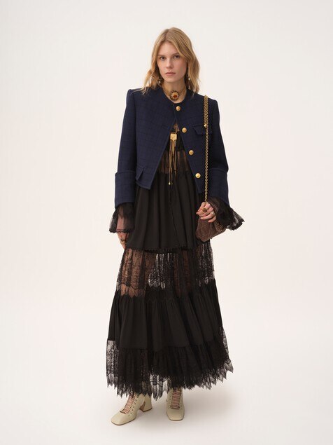 Tiered long skirt in silk georgette & lace