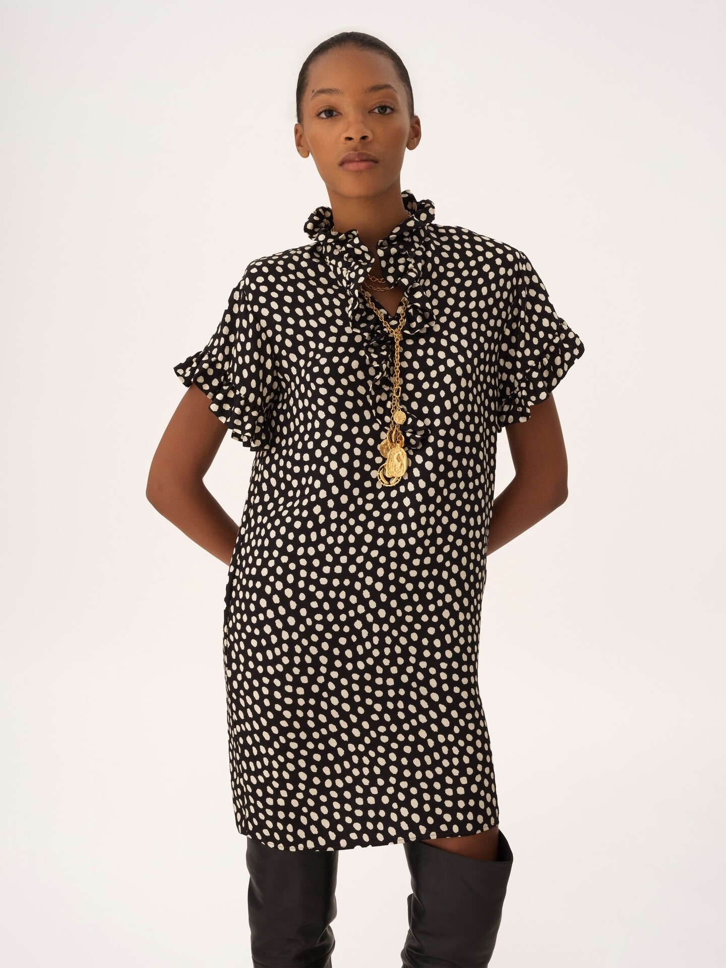 Short-sleeve mini dress in silk jacquard - 6