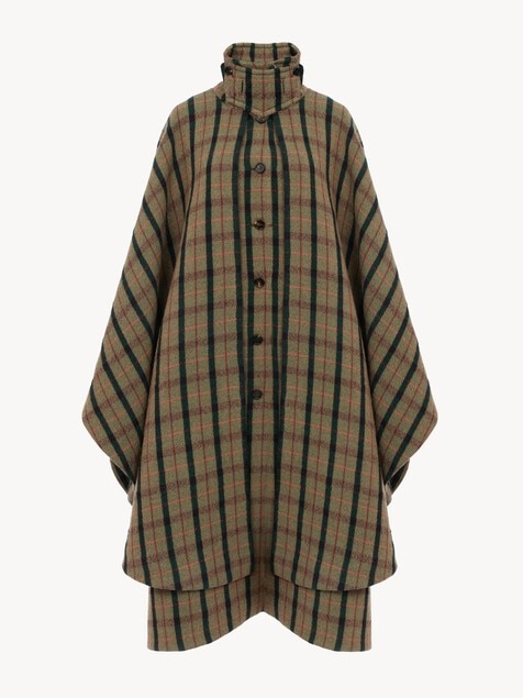 Layered long cape coat in brushed check wool