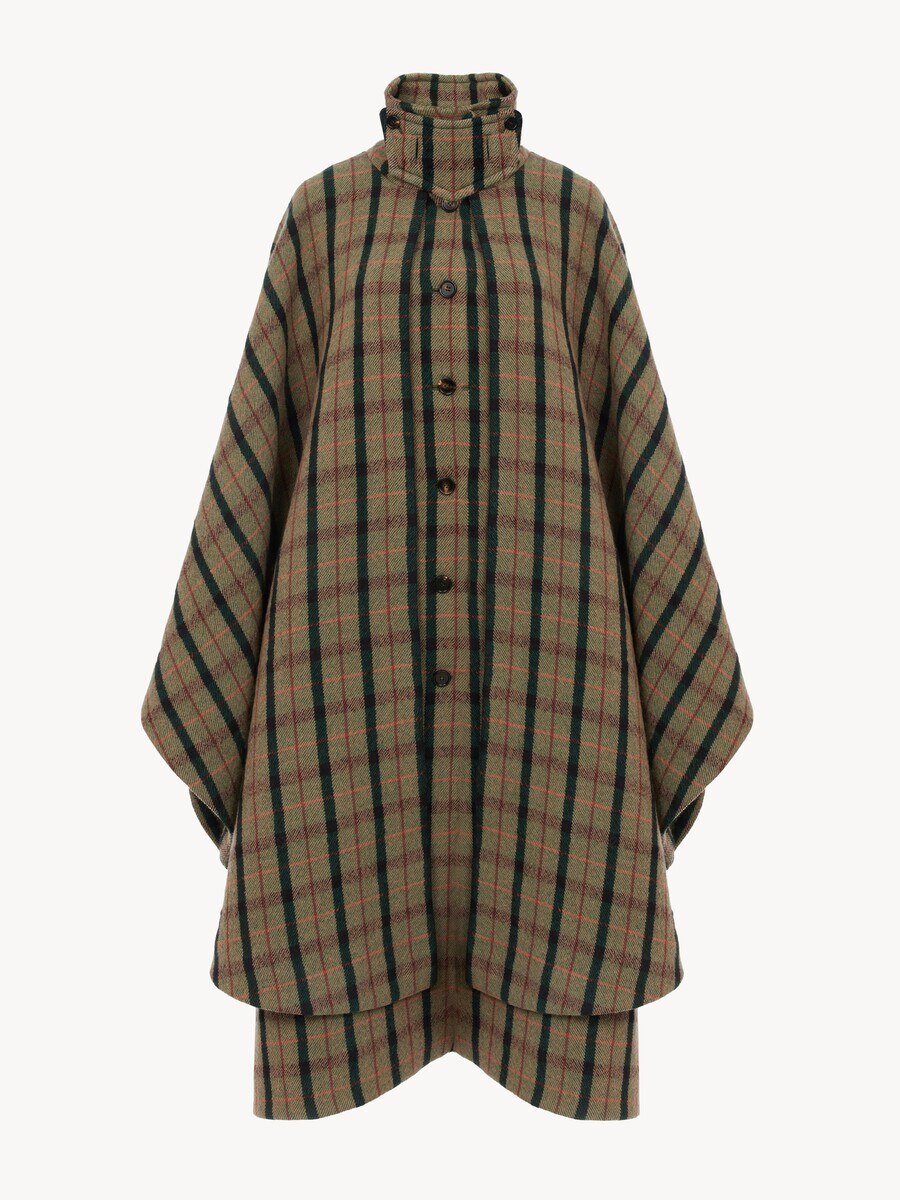 Layered long cape coat in brushed check wool - 2