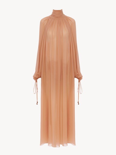 Mock-Neck Gathered Long Dress In Silk Georgette