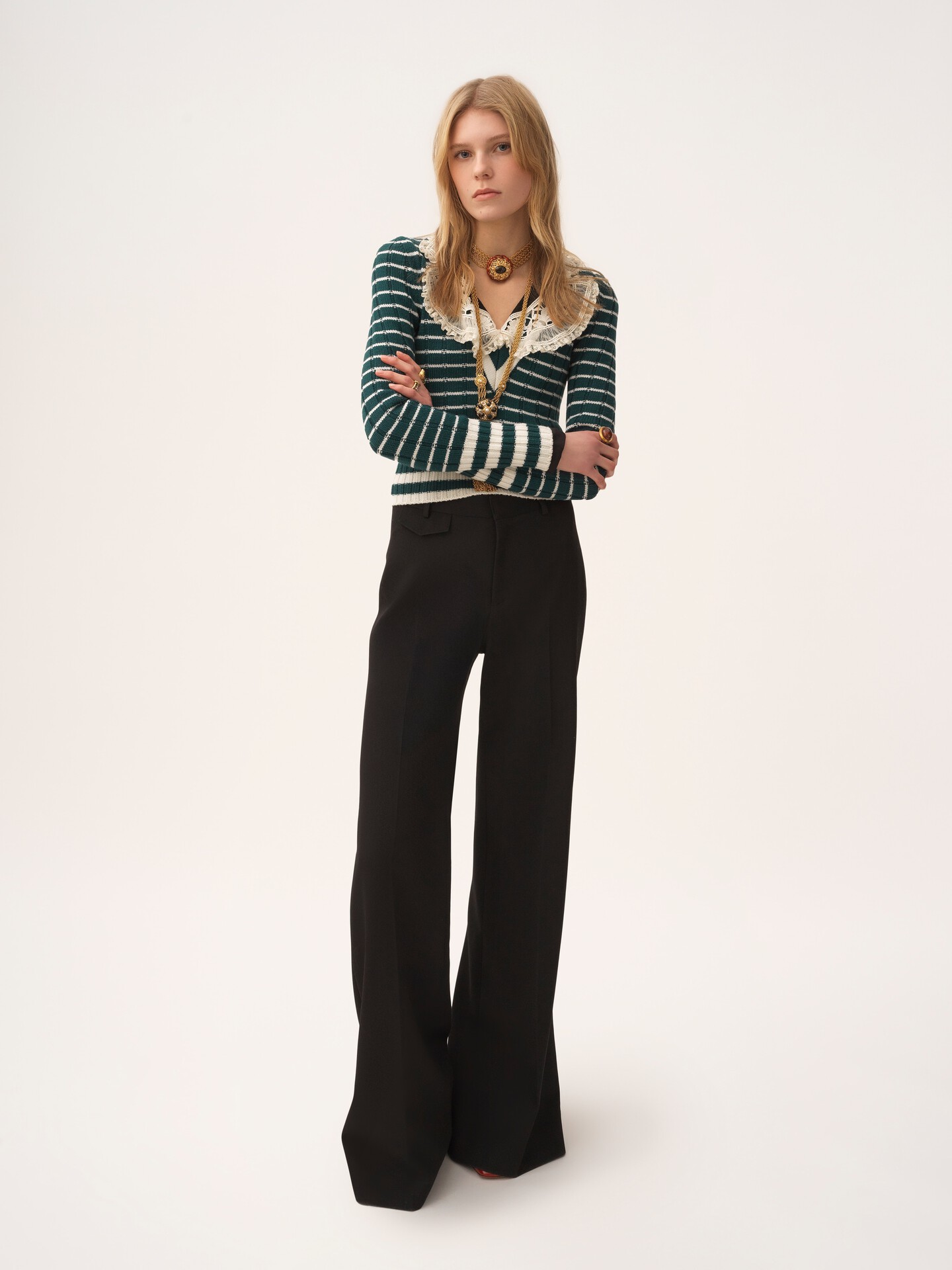 Pantaloni svasati a vita alta in lana grain de poudre - 1.0