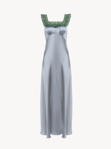 Sleeveless column dress in washed silk satin & lace