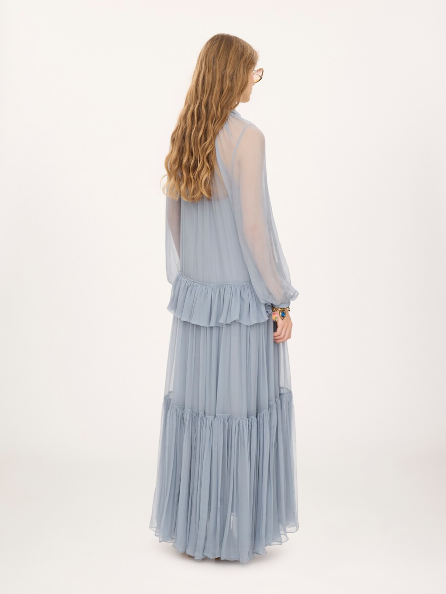 Fluid long dress in silk mousseline with lavalli&egrave;re tie - 5