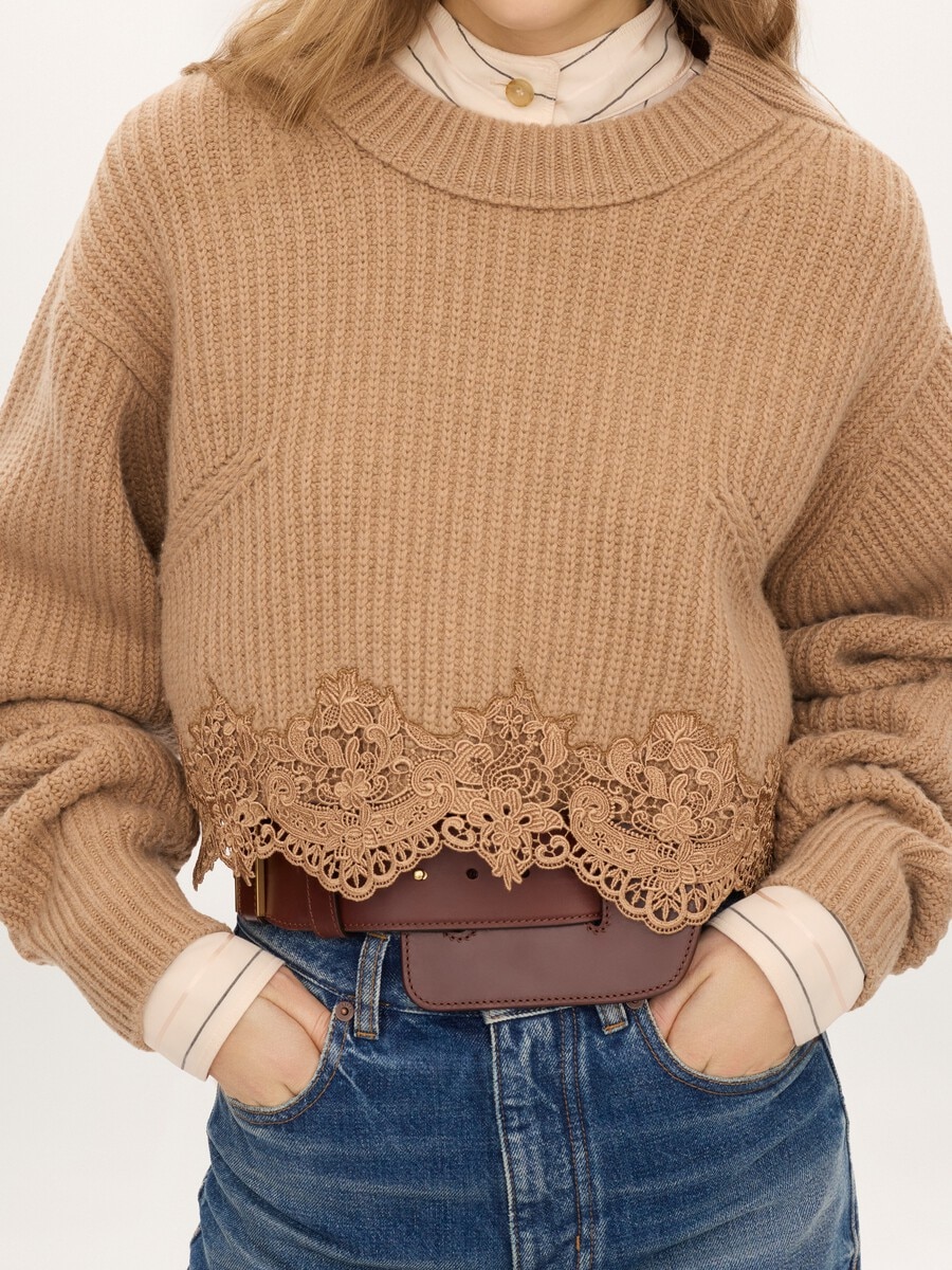 Cropped mock-neck jumper in a wool and cashmere knit & lace - 8