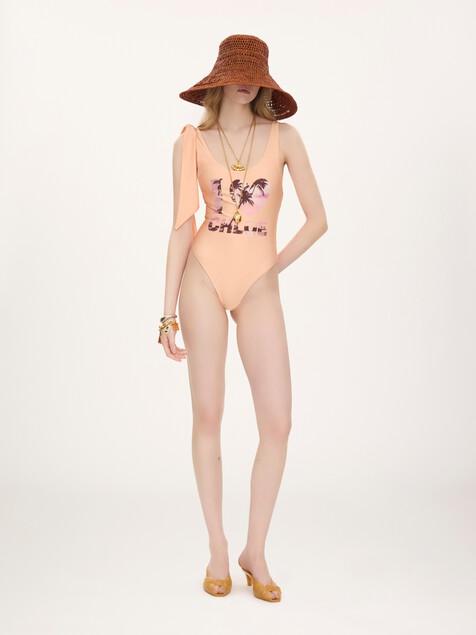 Knotted-strap one-piece logo swimsuit