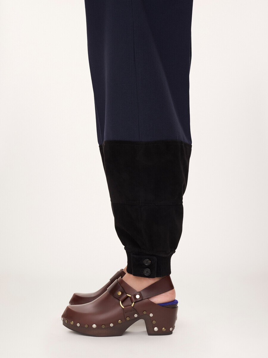 Pantalon barrel taille haute en cr&ecirc;pe de laine et cuir velours - 7