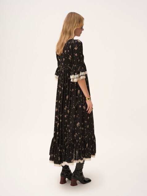 Scoop-neck midi dress in silk charmeuse & lace