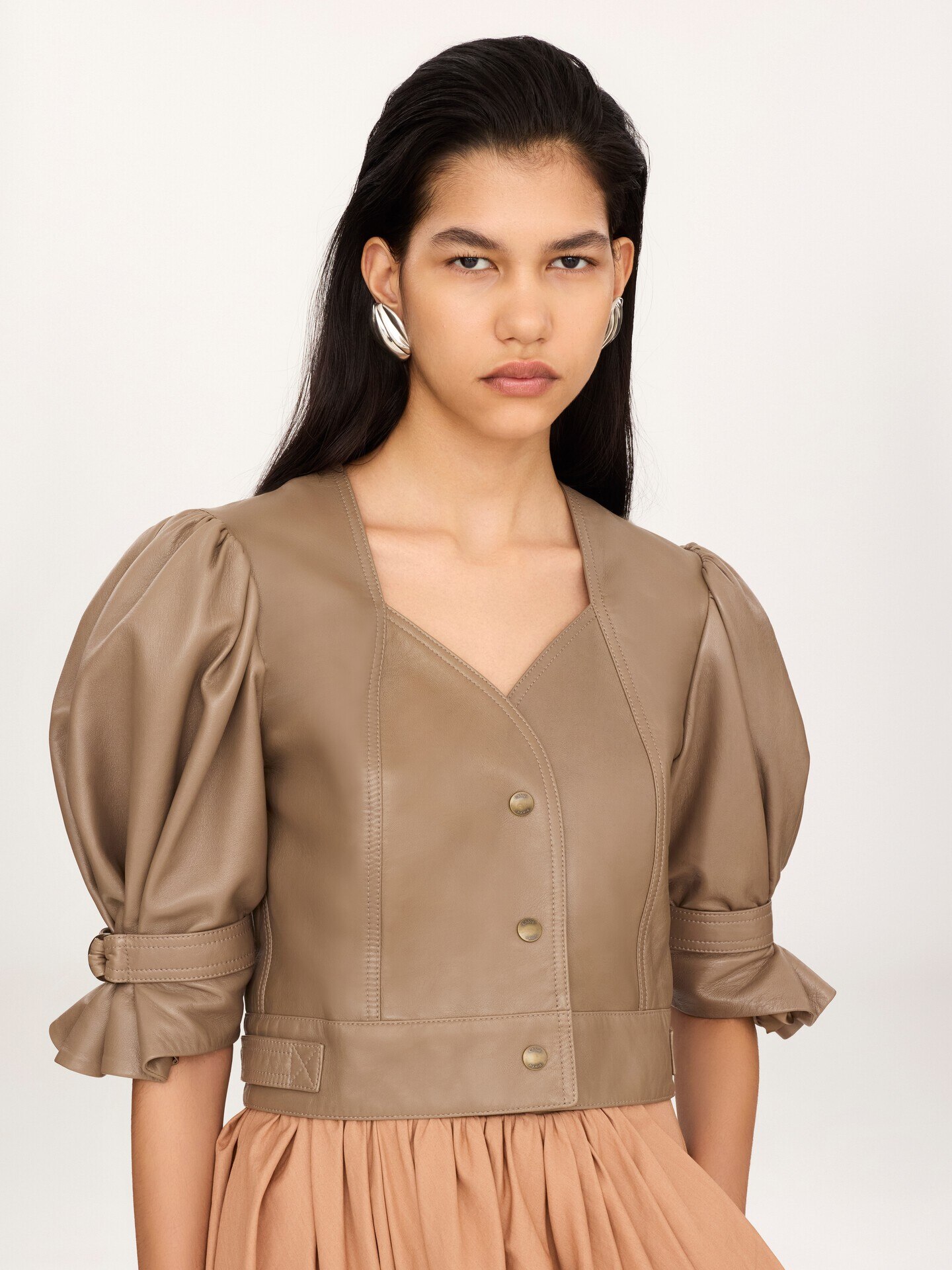 Cropped puff-sleeve leather jacket - 3.0