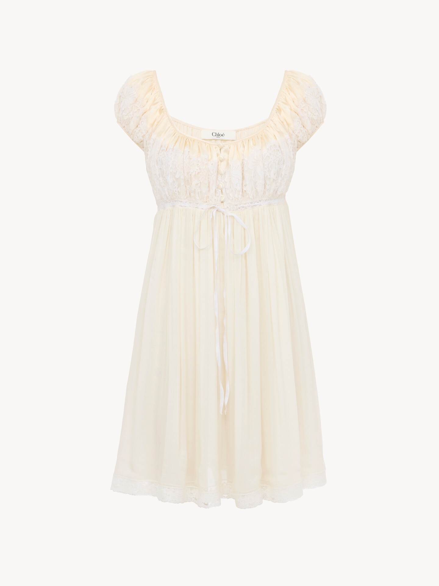 Short-sleeve mini dress in silk mousseline & lace - 2