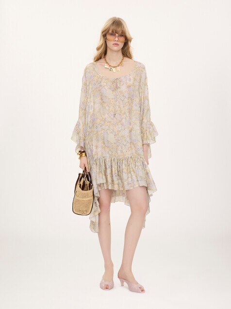 Knee-length ruffled kaftan in silk charmeuse