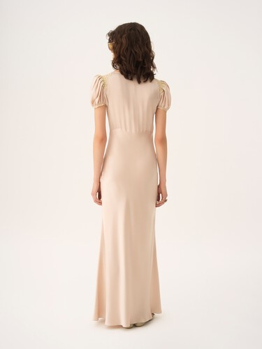 Puff-sleeve column dress in washed silk satin & lace - 5