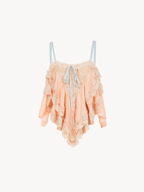 Ruffled camisole top in silk charmeuse & lace