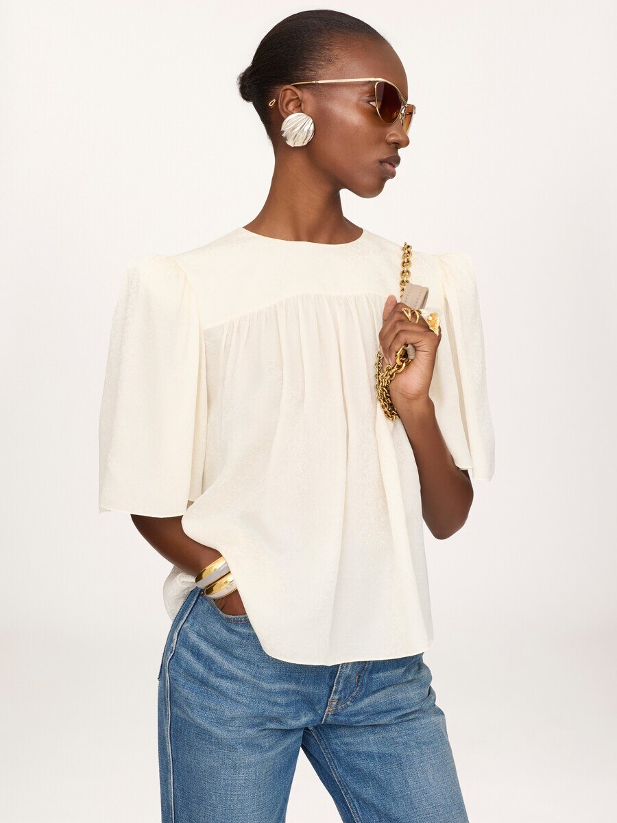 Crew-neck gathered top in silk jacquard - 3