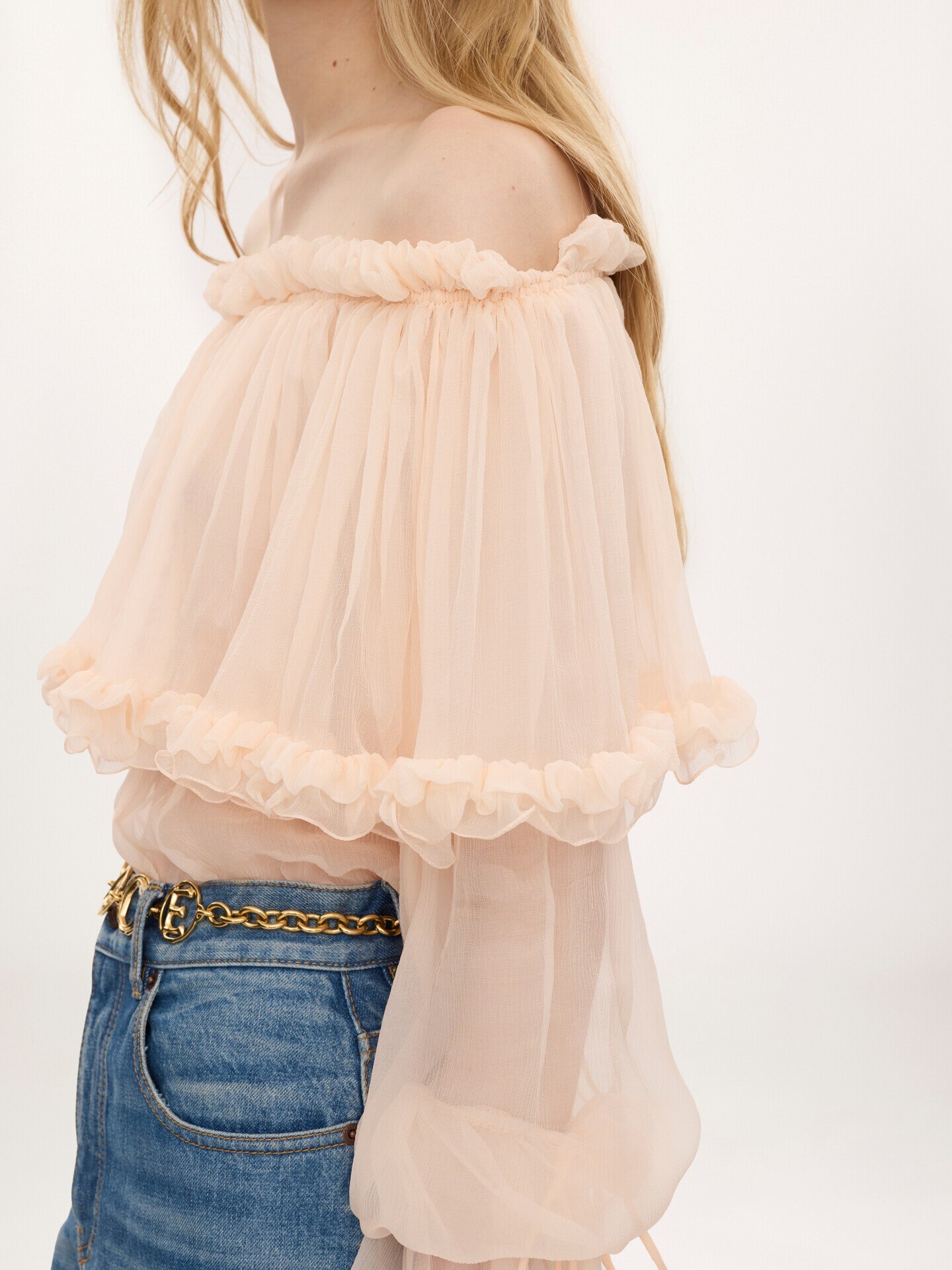 Off-the-shoulder puff-sleeve top in silk mousseline - 7