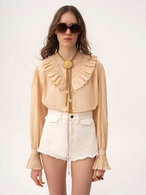 Gathered ruffle top in cotton voile