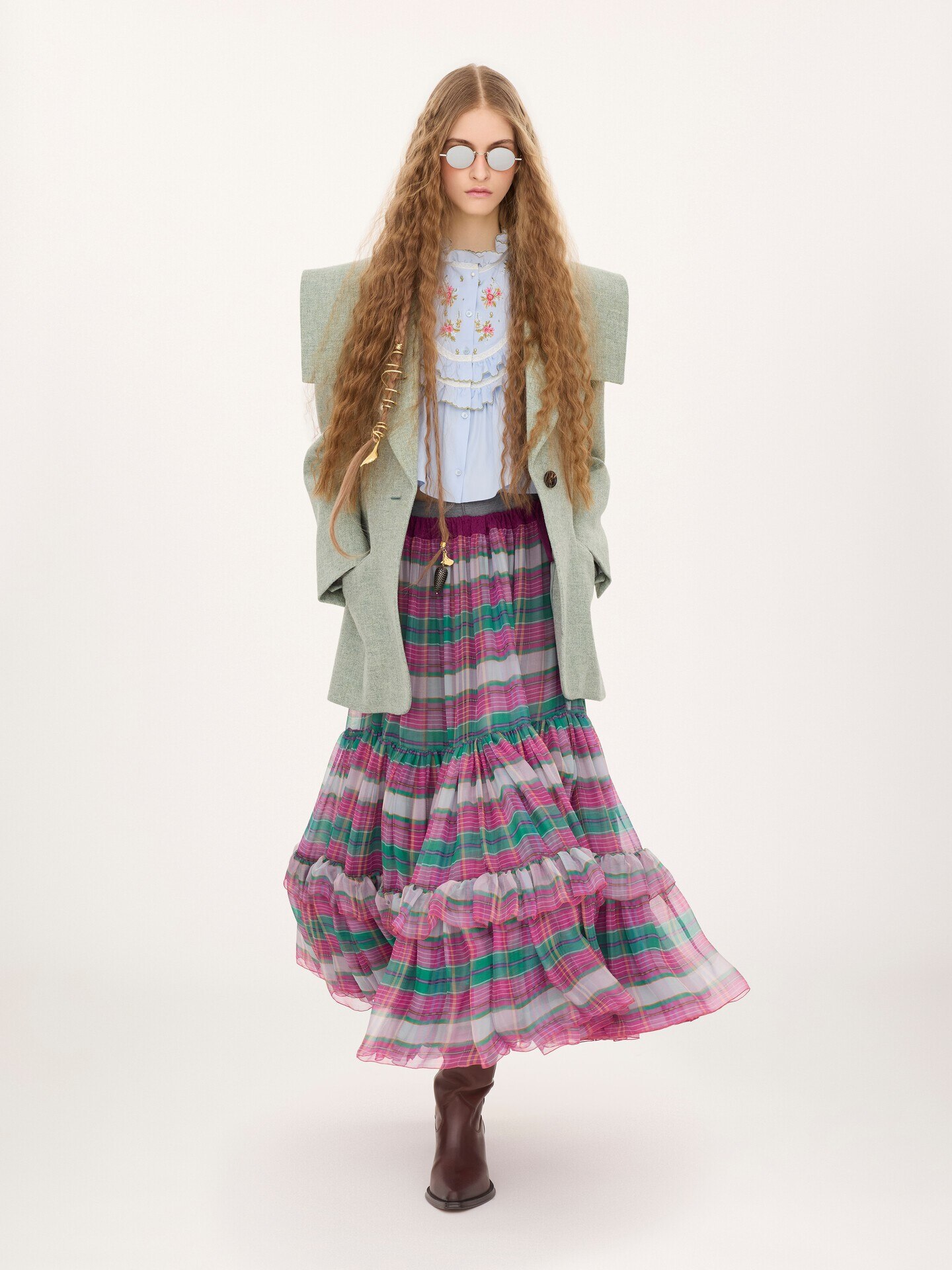 Ruffled long skirt in check silk mousseline - 1.0