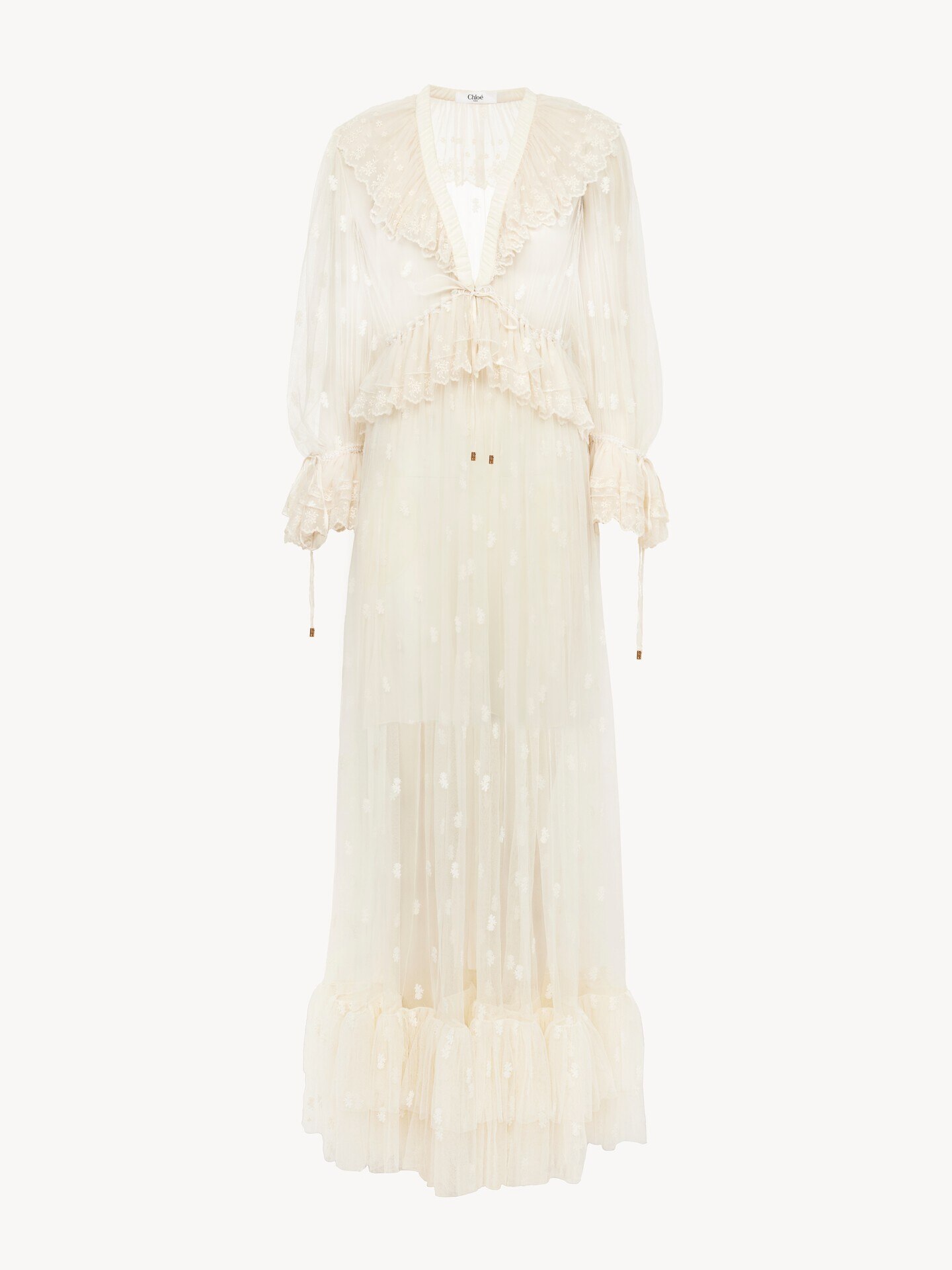 Gathered V-neck long dress in embroidered lace - 1