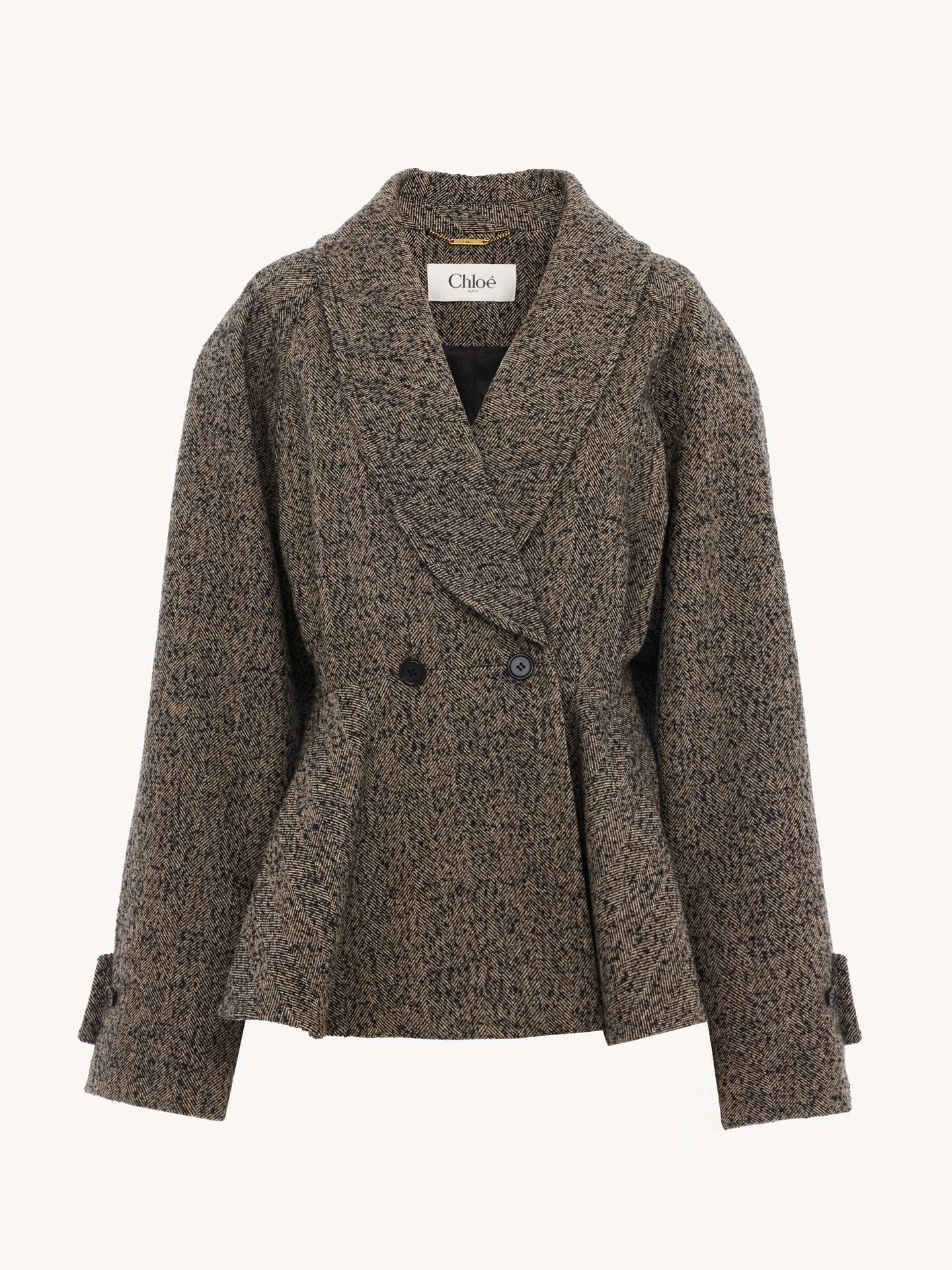 Manteau cavalier court en laine &agrave; chevrons - 2