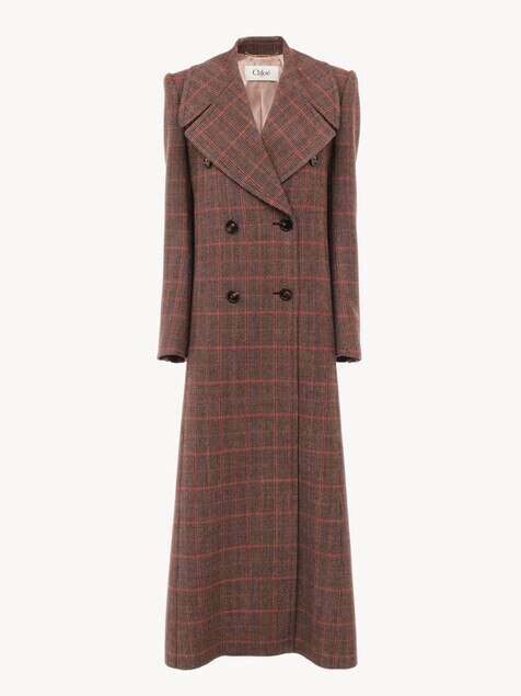 Long double-breasted coat in check wool