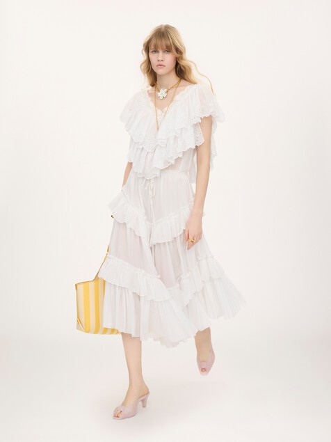 Jupe midi &agrave; volants superpos&eacute;s en voile de coton