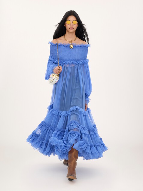 Off-the-shoulder long dress in silk mousseline