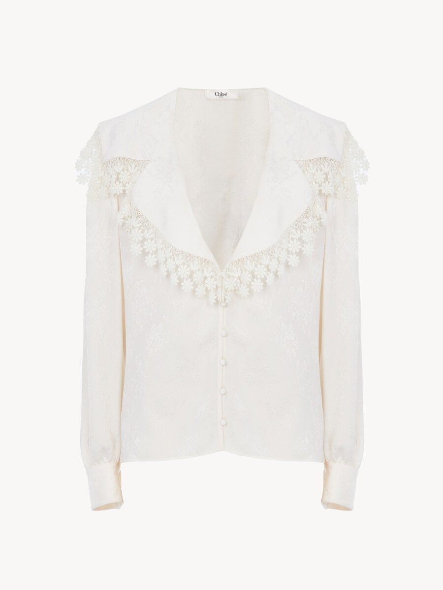 Maxi-collar blouse in silk jacquard & lace - 2