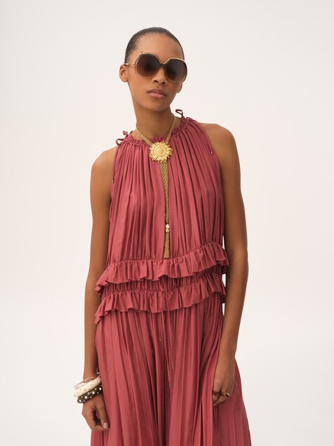 Sleeveless long dress in washed silk pong&eacute;