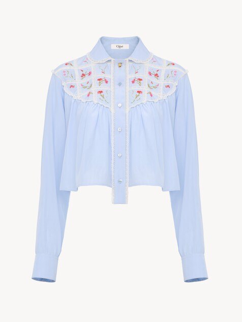 Cropped blouse in silk, cotton poplin & lace