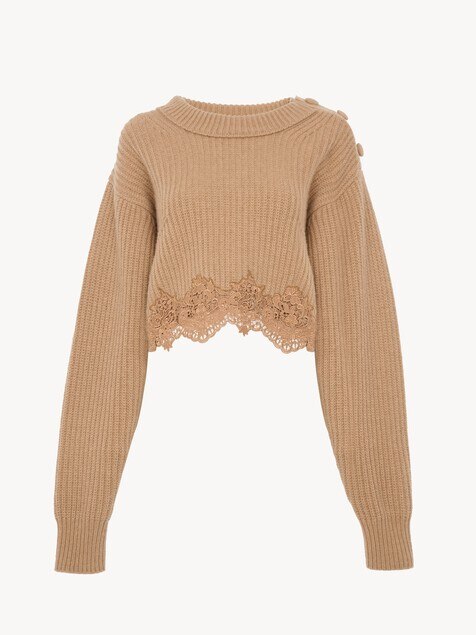 Cropped mock-neck sweater in a wool and cashmere knit & lace