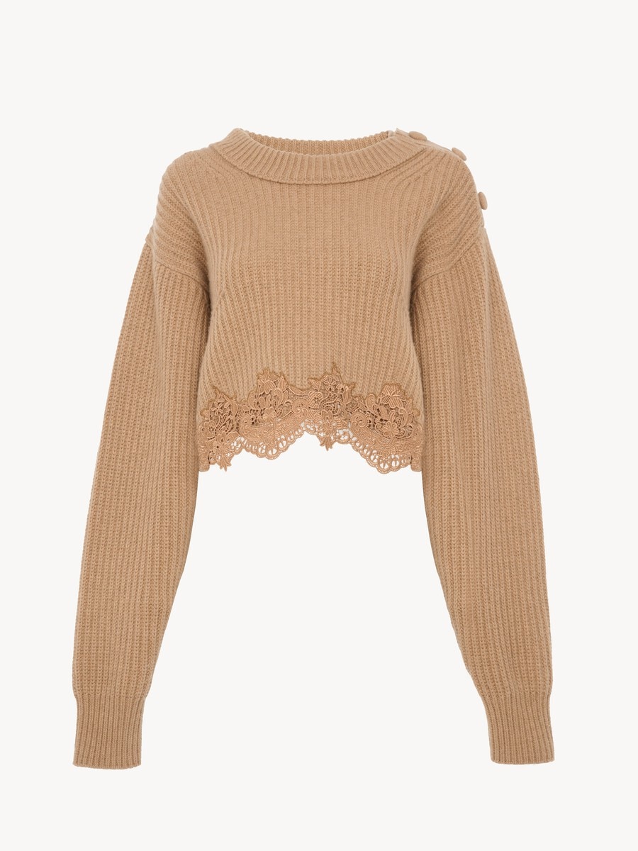 Cropped mock-neck jumper in a wool and cashmere knit & lace - 2