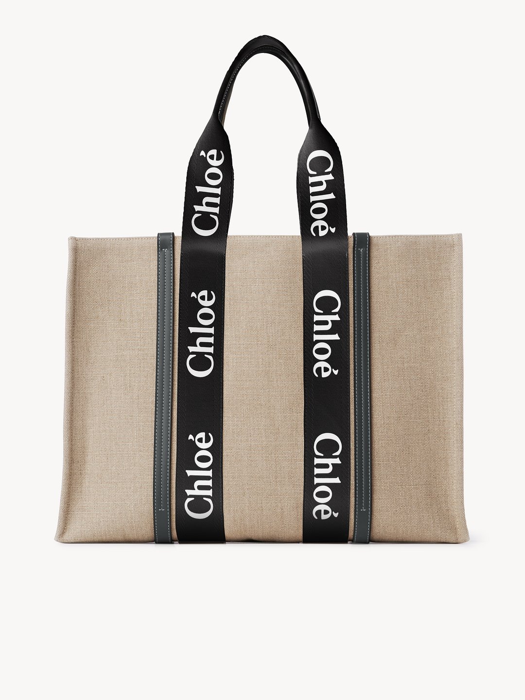 Chloé Woody Large Linen Canvas And Shiny Calfskin Tote Bag